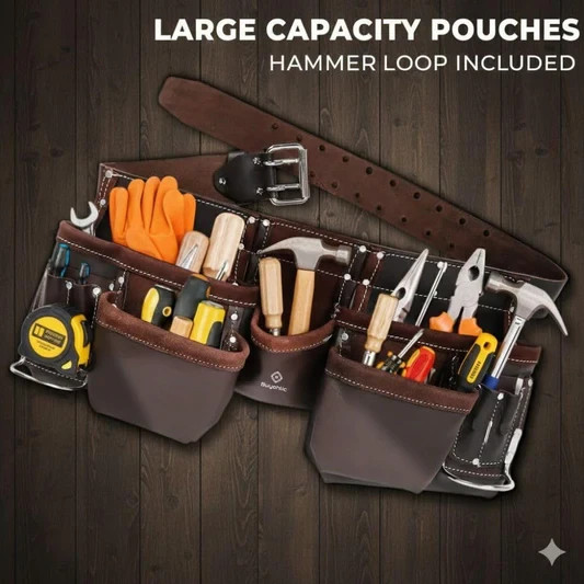 Leather Tool Belt Pouch Bag, 12-Pocket Extra Large Tool Belt, Fits 28″–40″ Waist