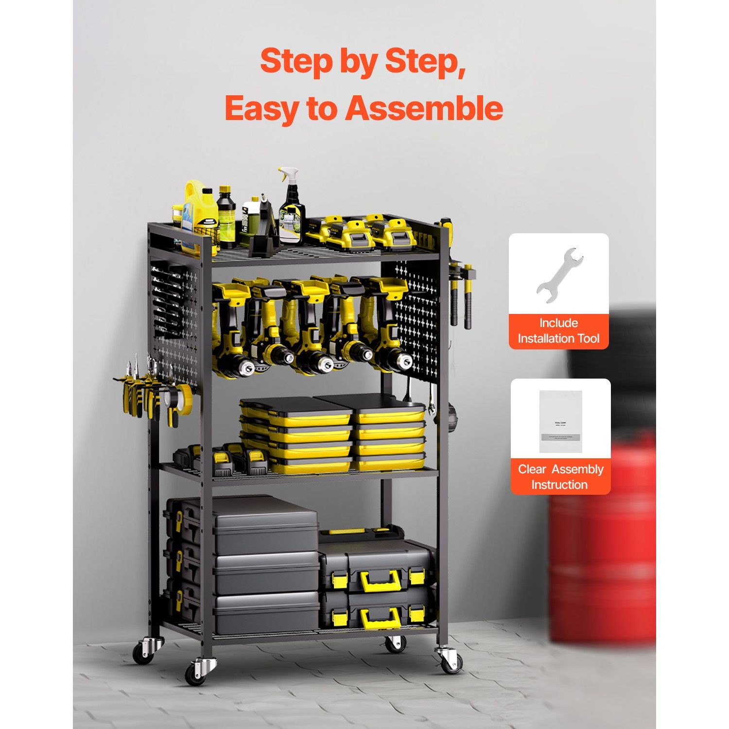 4 – Tier Rolling Tool Cart, 150 lbs Capacity, Heavy Duty Garage Storage Rack