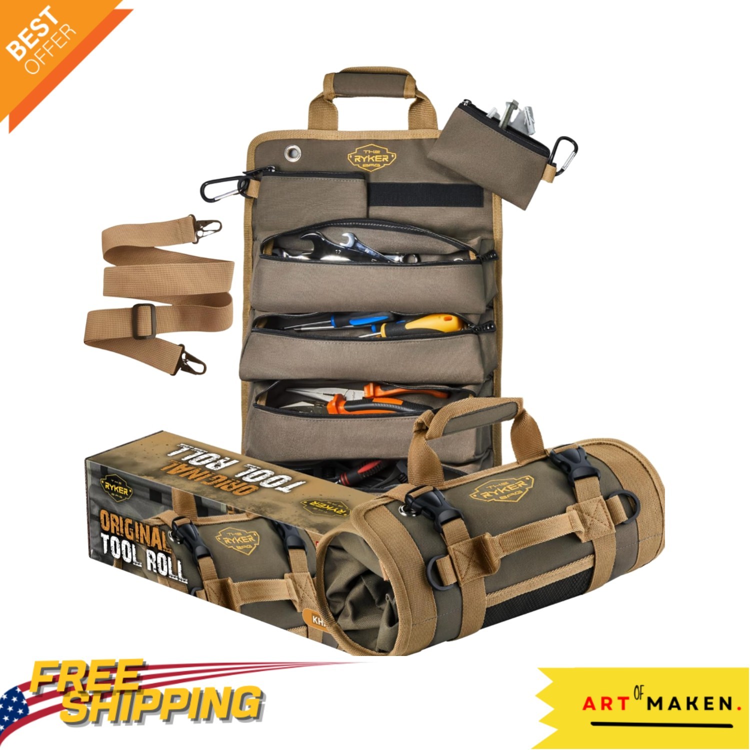 Ryker Portable Tool Roll for Mechanics – Water-Resistant 6-Compartment Organizer