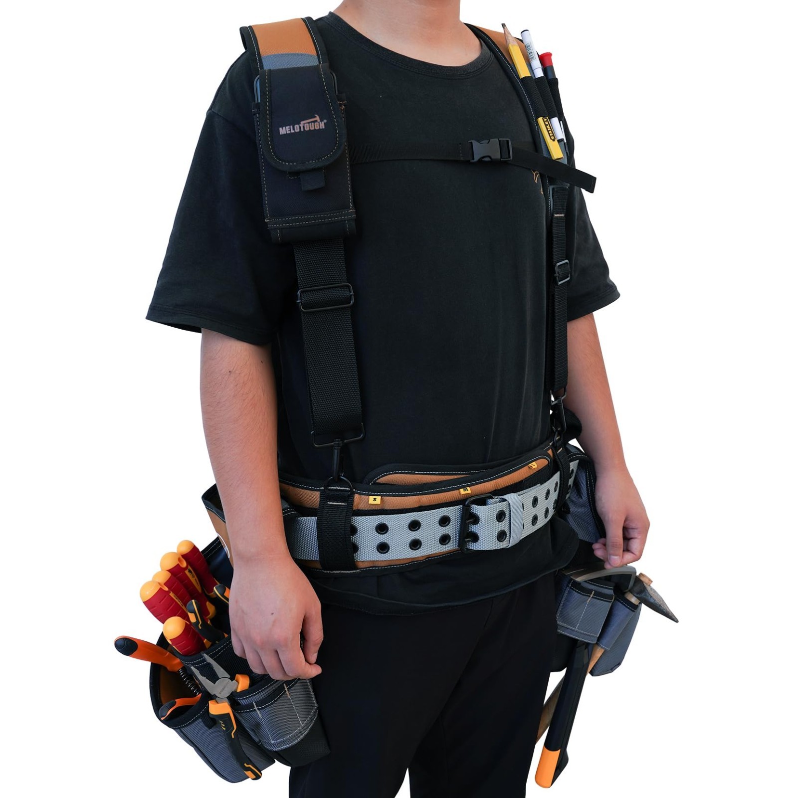 28-Pocket Heavy Duty Tool Belt with Padded Suspenders & Magnetic Holder – Perfec