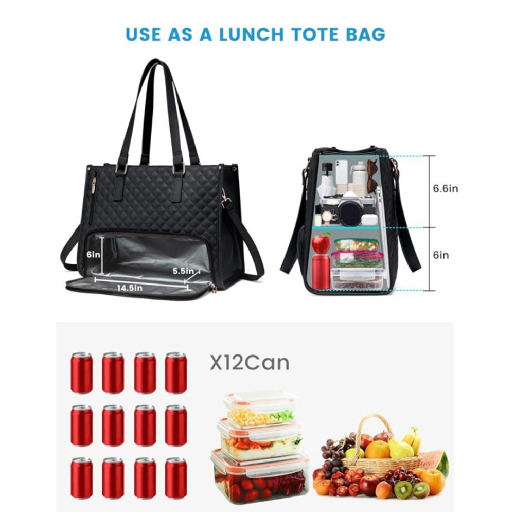 Quilted Laptop Tote Bag for Women with Insulated Lunch Compartment 15.6 Inch