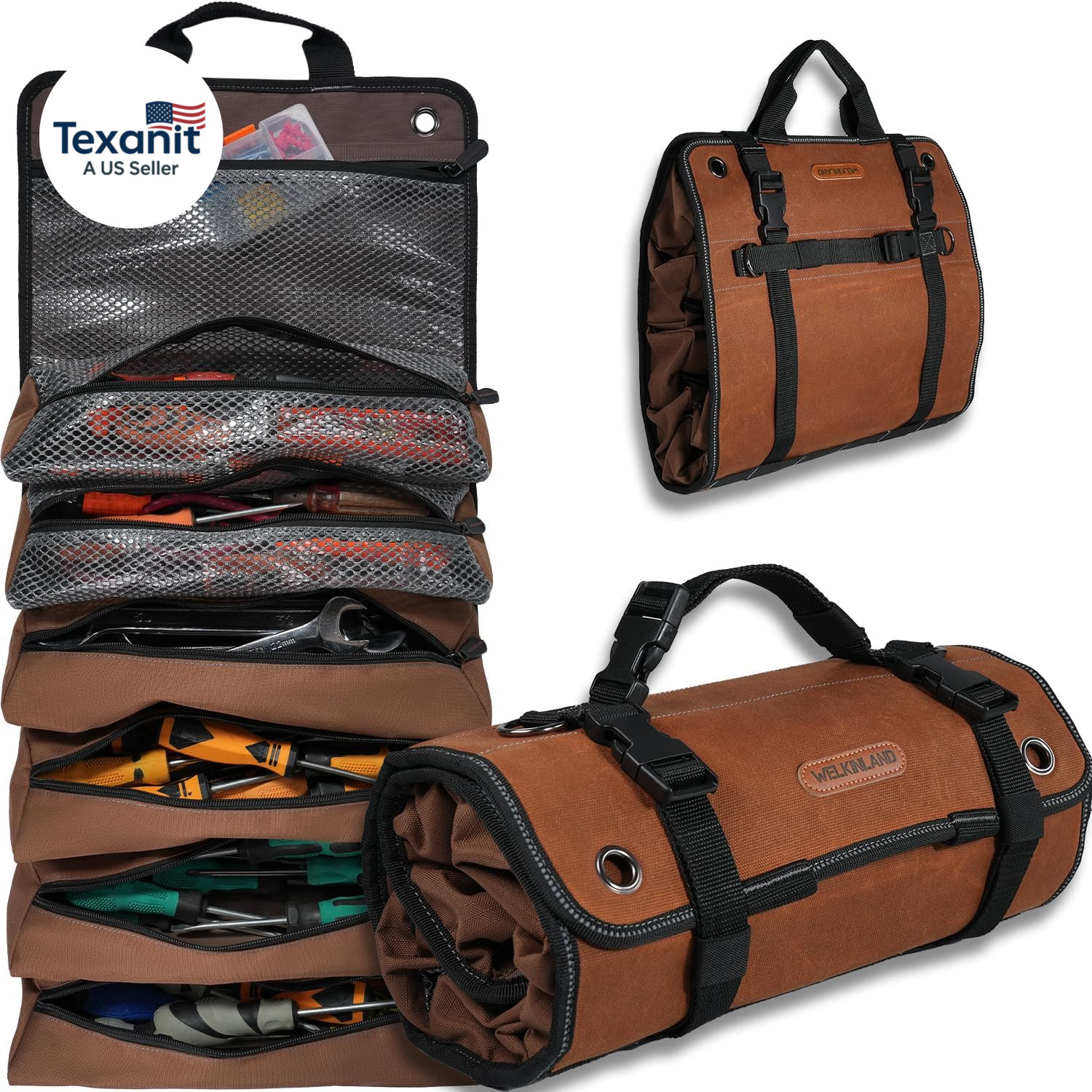 Heavy-Duty Waxed Canvas Tool Roll, 7-Pockets Tool Wrap Roll, 15L Tool Roll Bag,