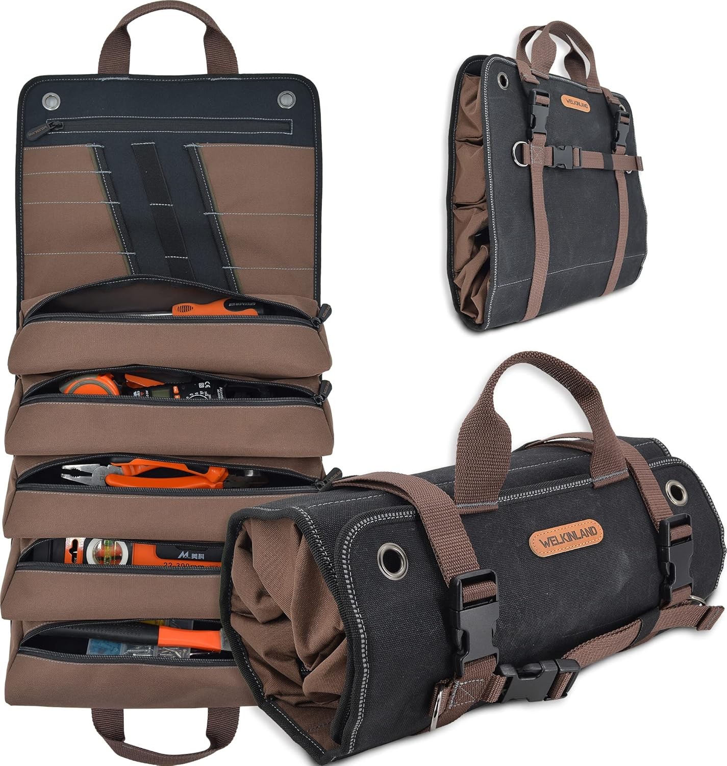 WELKINLAND Heavy-Duty Waxed Canvas Tool roll, 15-Pockets Black/Brown
