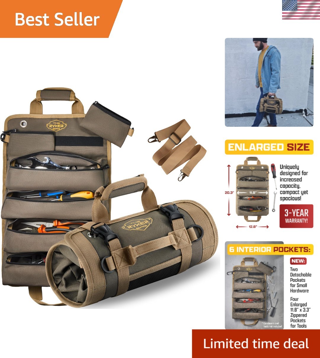 Portable Water-Resistant Tool Roll with Detachable Pouches – Ideal for Mechanics