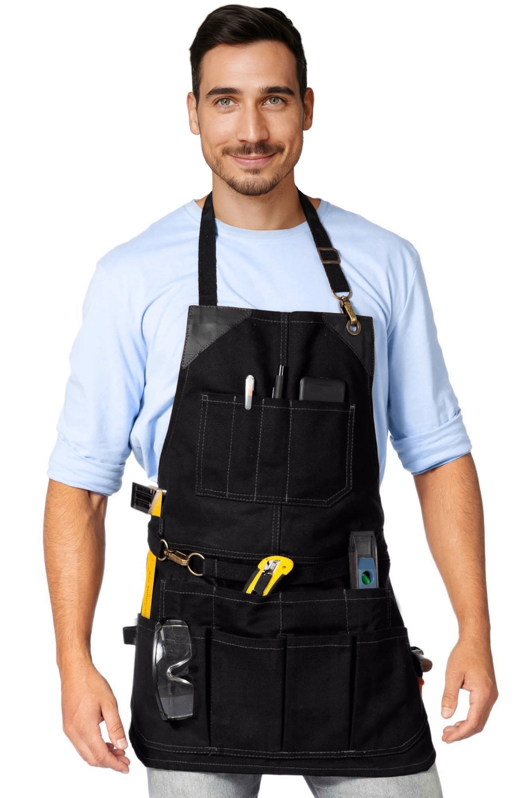 Tool Apron – 12 Pockets, Heavy-Duty Waxed Canvas, Leather Trim, NoTie – Woodwork