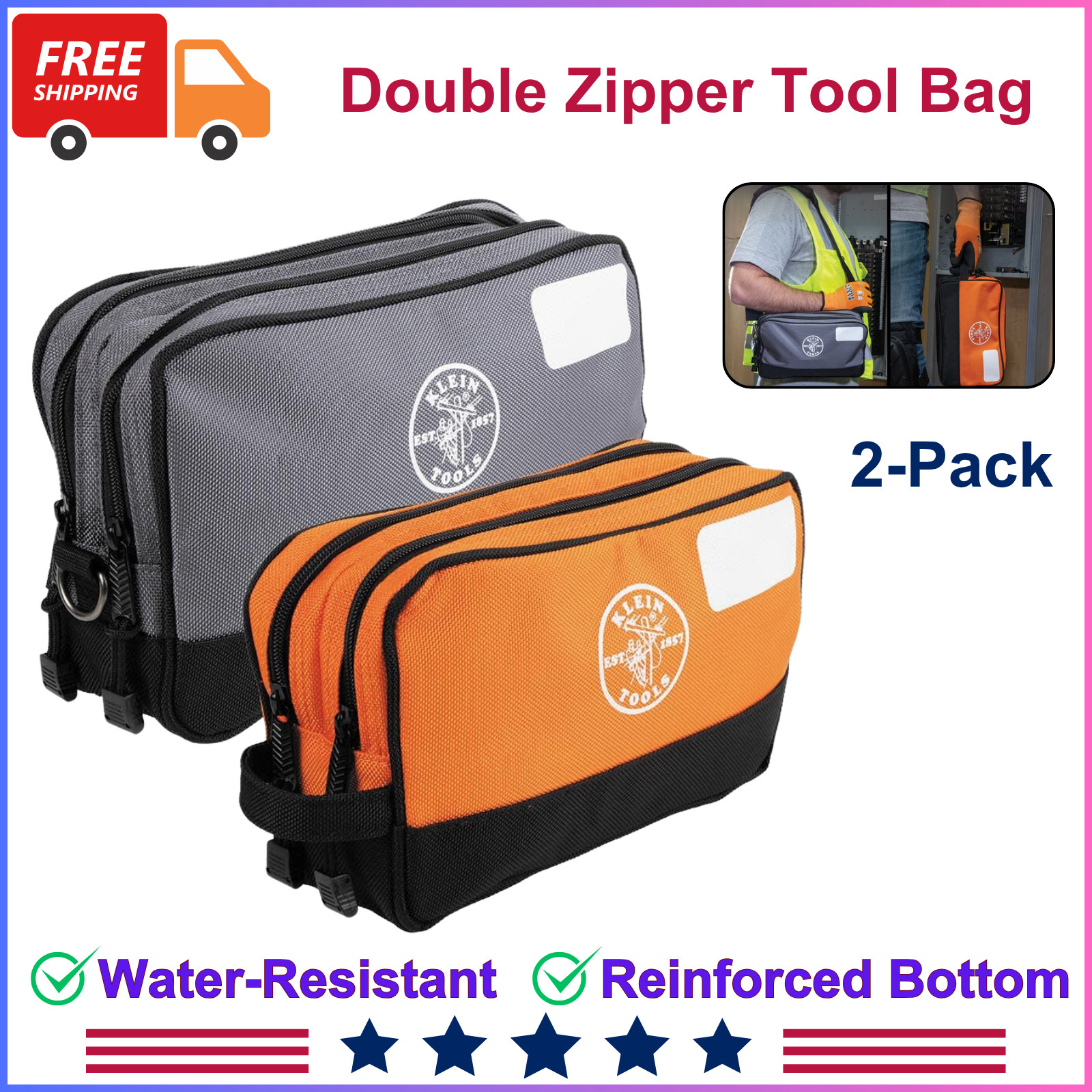 Klein Tools Double Zipper Tool Bag, Water-Resistant, Reinforced Bottom, 2-Pack