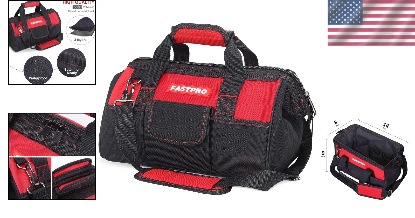 Utility Bag Zip Top Wide Open Access Robust Rubber Base Shoulder Carry