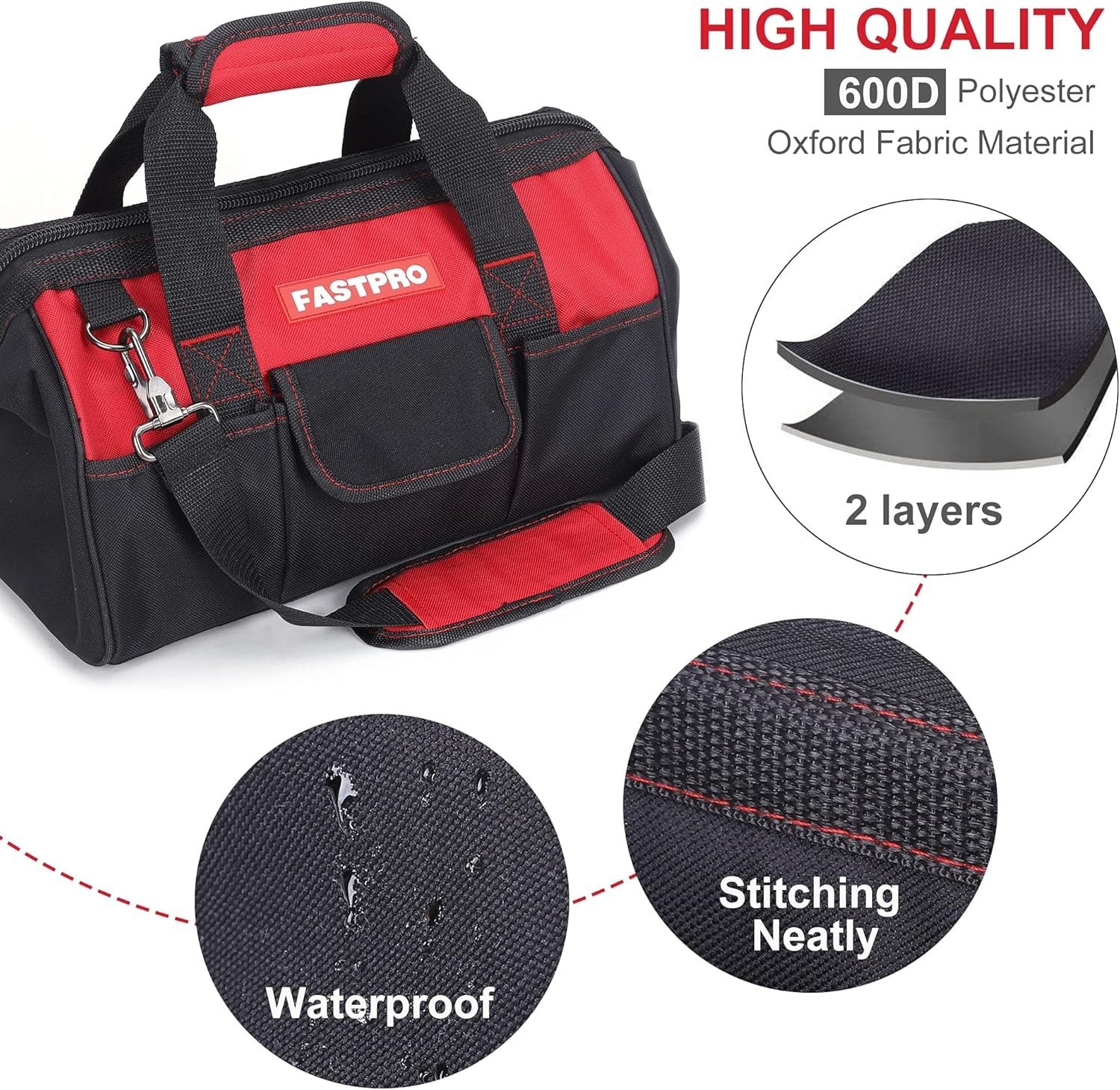 Adjustable Shoulder Strap Tool Bag, Black/Red