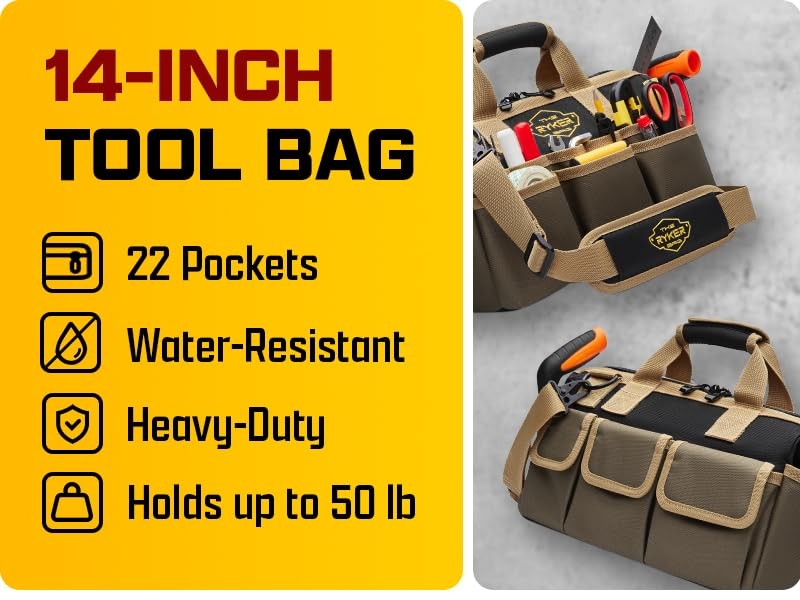 The Ryker Heavy Duty Tool Bags for Men/Women. 14 Inch Small Wide Mouth Mechan…
