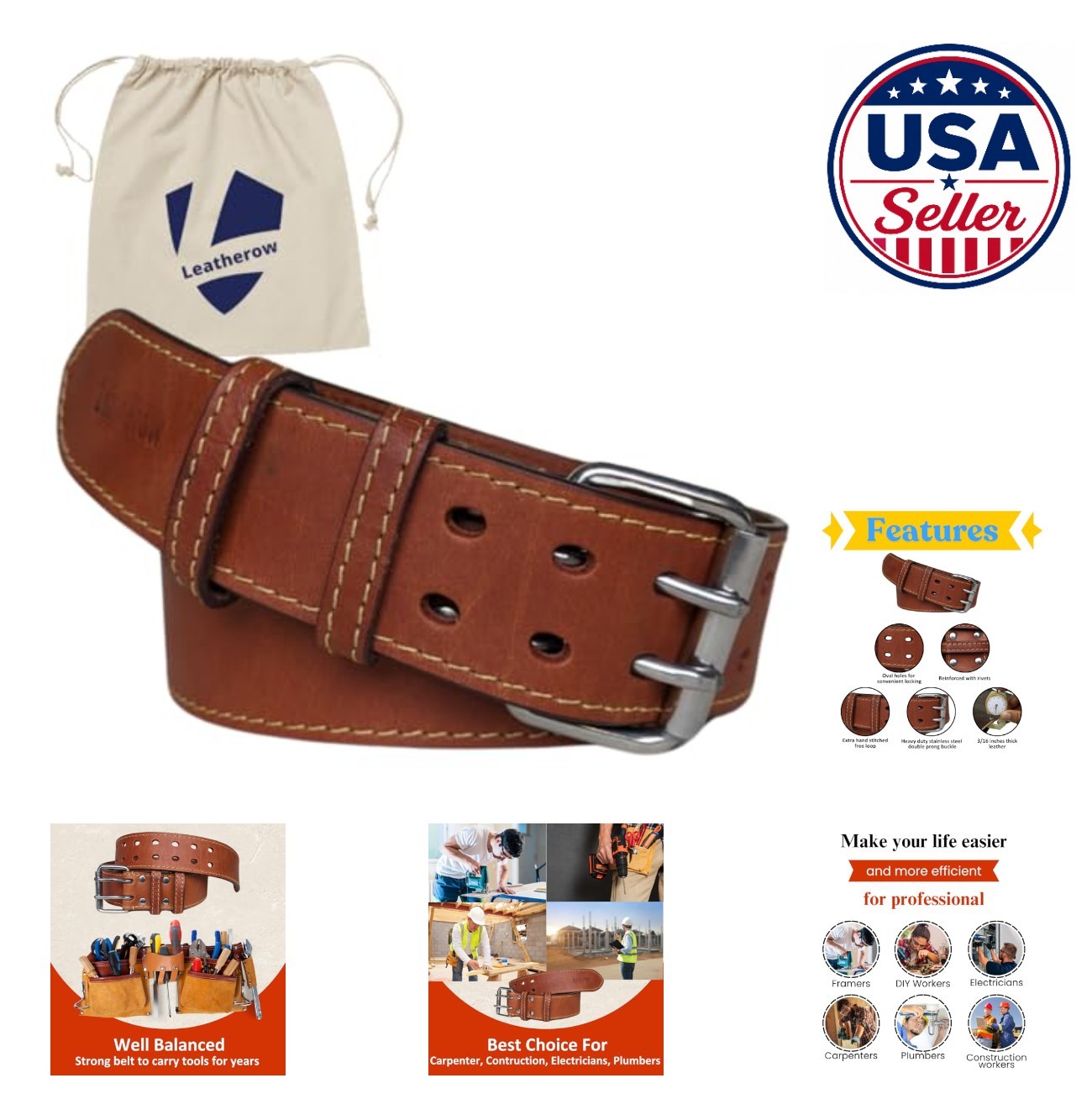 2 Inch Wide Leather Tool Belt Heavy Duty Adjustable Work Belt for Men with Tool