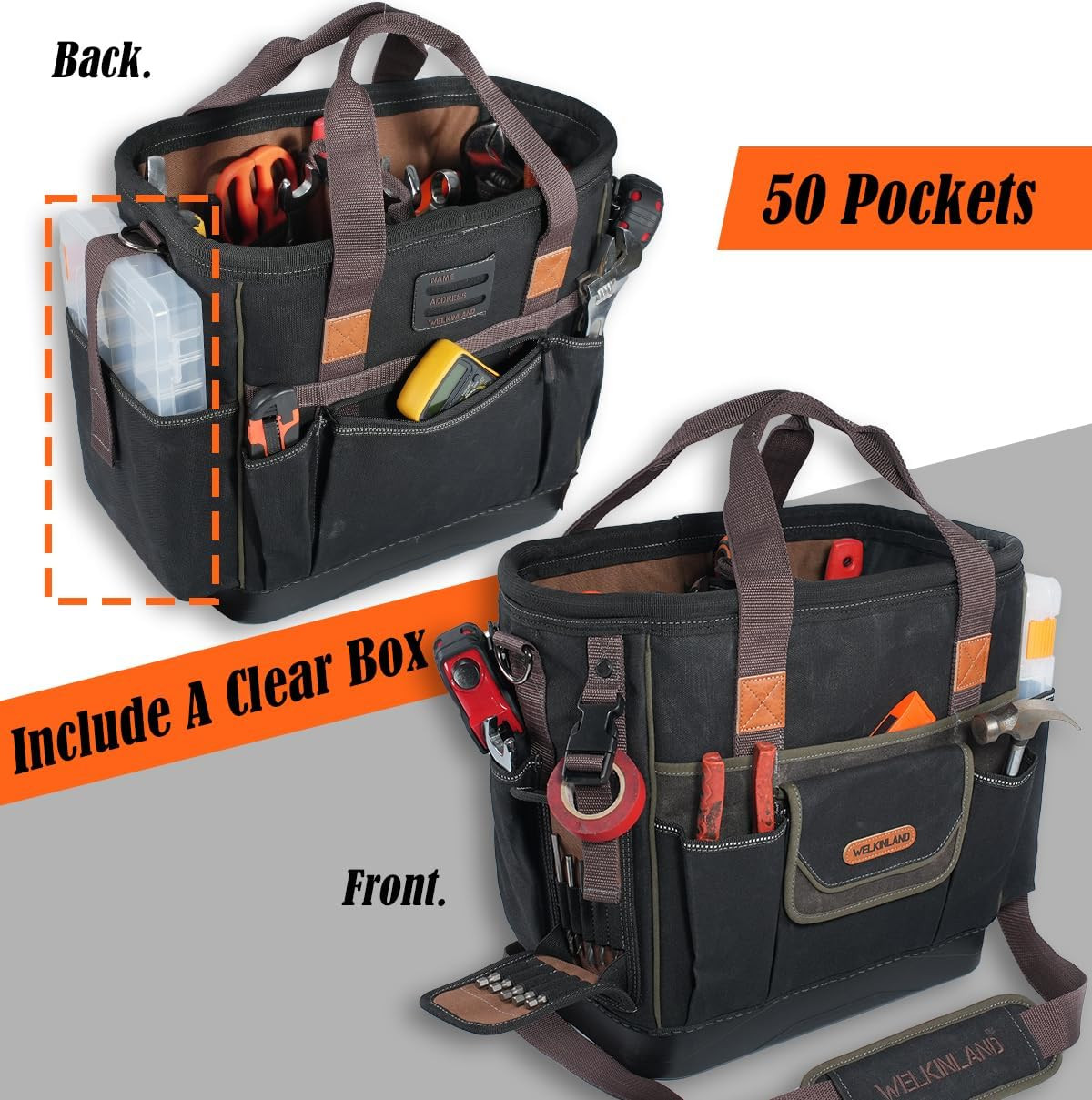 WELKINLAND 50-Pocket Electrician Tool Tote, Large Hard Bottom Tool Bag, Waxed-Ca