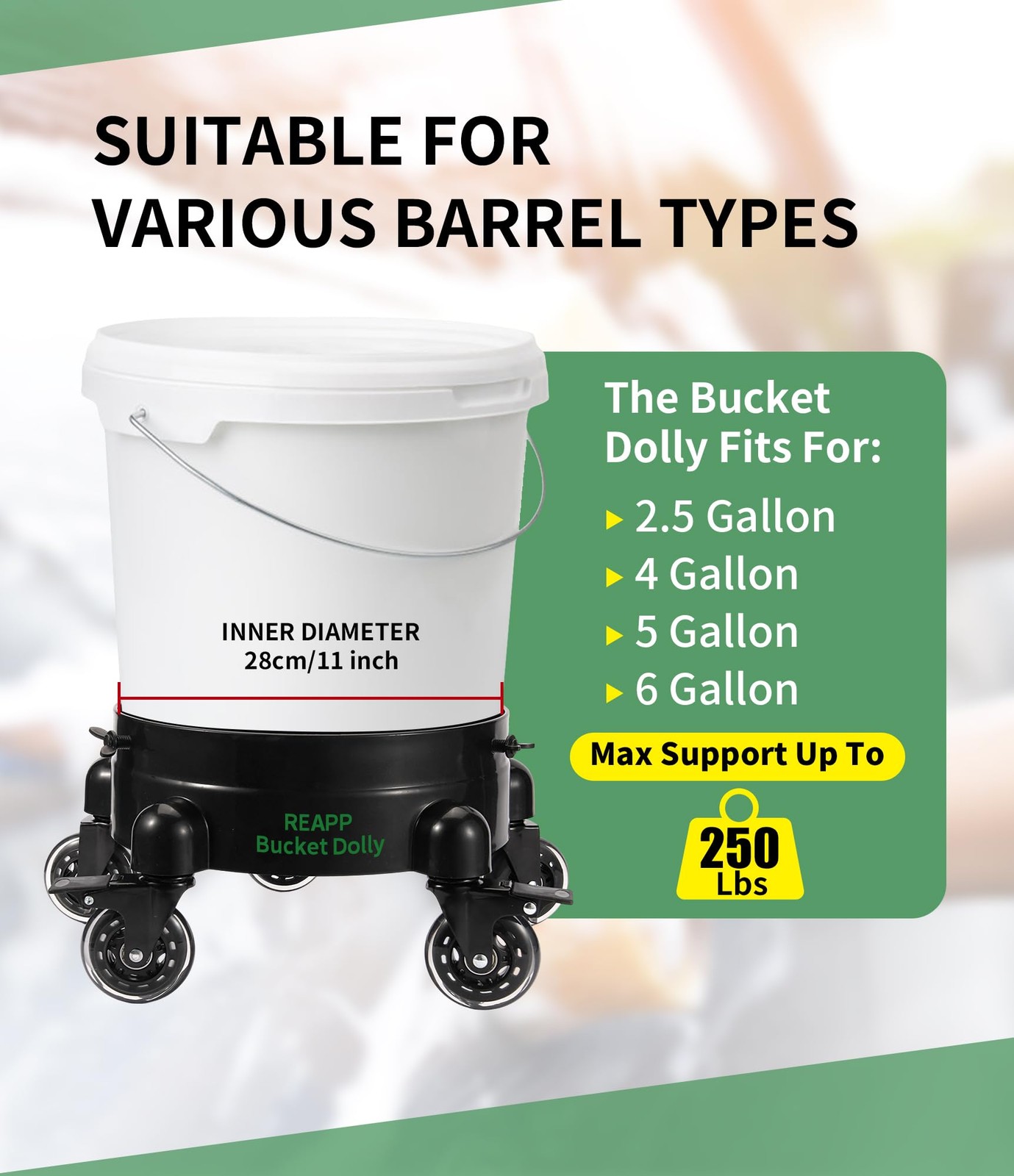 HeavyDuty Bucket Dolly with 5 Wheels for 46 Gallon Car Wash Buckets