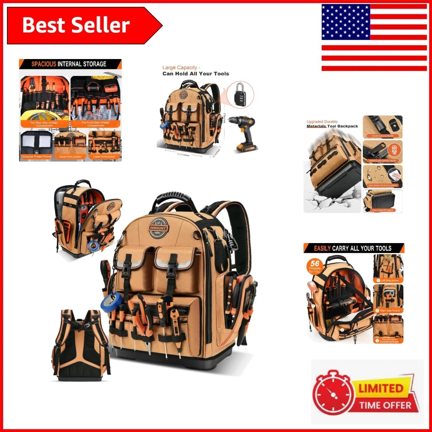 1680D Tool Backpack – Spacious 56-Pocket Organizer for Electricians & HVAC