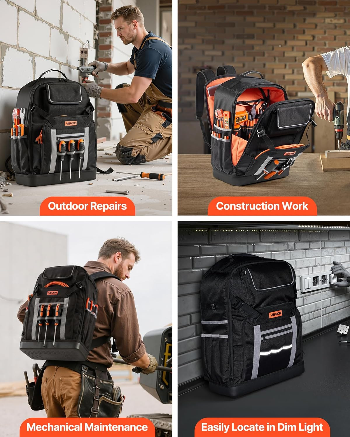Tool Backpack, 56 Pockets, Heavy-Duty Tools Storage Organizer Bags with Molded B