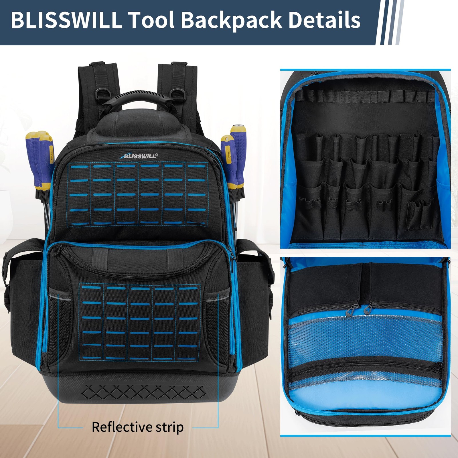 BLISSWILL Tool Bag Backpack for men,Heavy Duty 14″ L x 8″ W x 19.5″ H, Black
