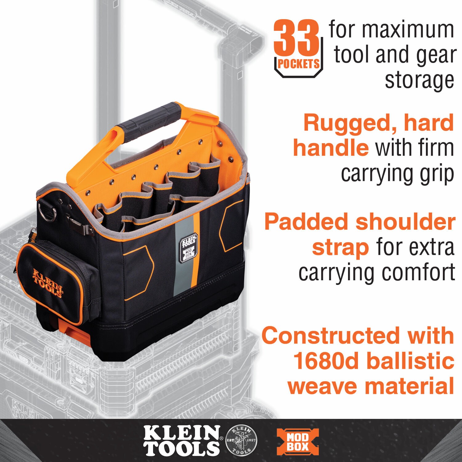 Klein Tools 62202MB Tool Bag Hard Molded Polypropylene Bottom 33 Pockets NEW US