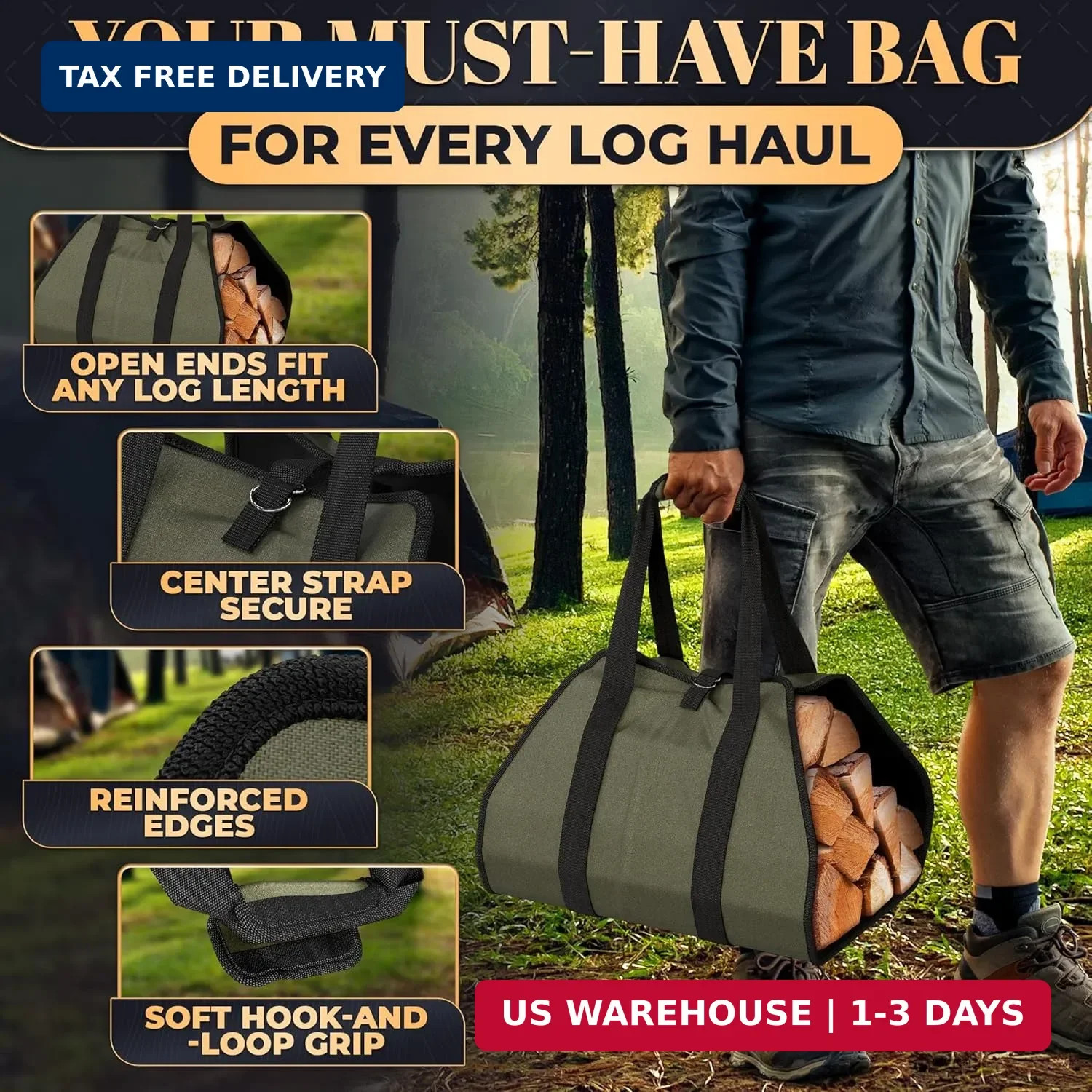 Water-Resistant Firewood Carrier Bag – 39.4″x18.5″ Waxed Canvas Log Carrier for