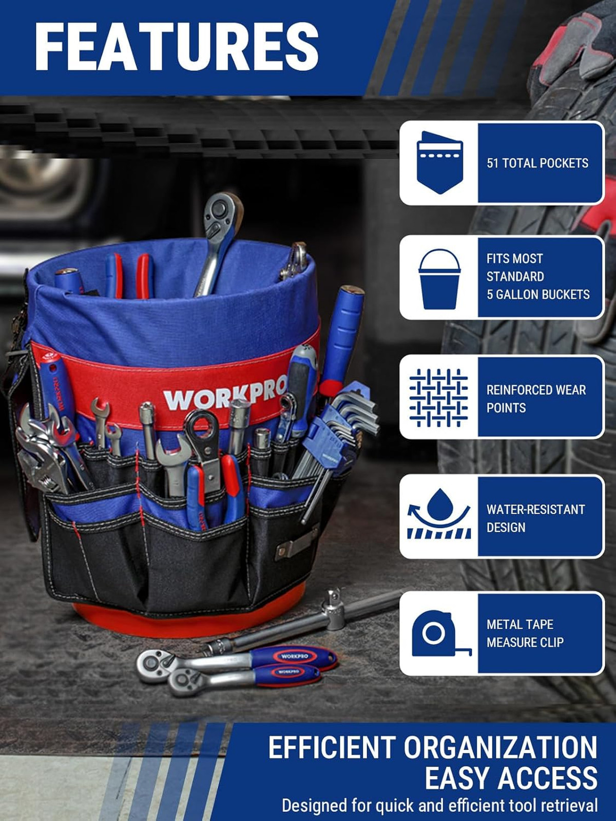 Bucket Tool Organizer with 51 Pockets for 3.5 to 5 Gallon Buckets, Waterproof