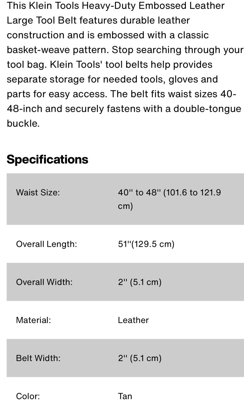 Klein Tools 5415L Heavy-Duty Embossed Leather Tool Belt Large Tan Double-Tongue