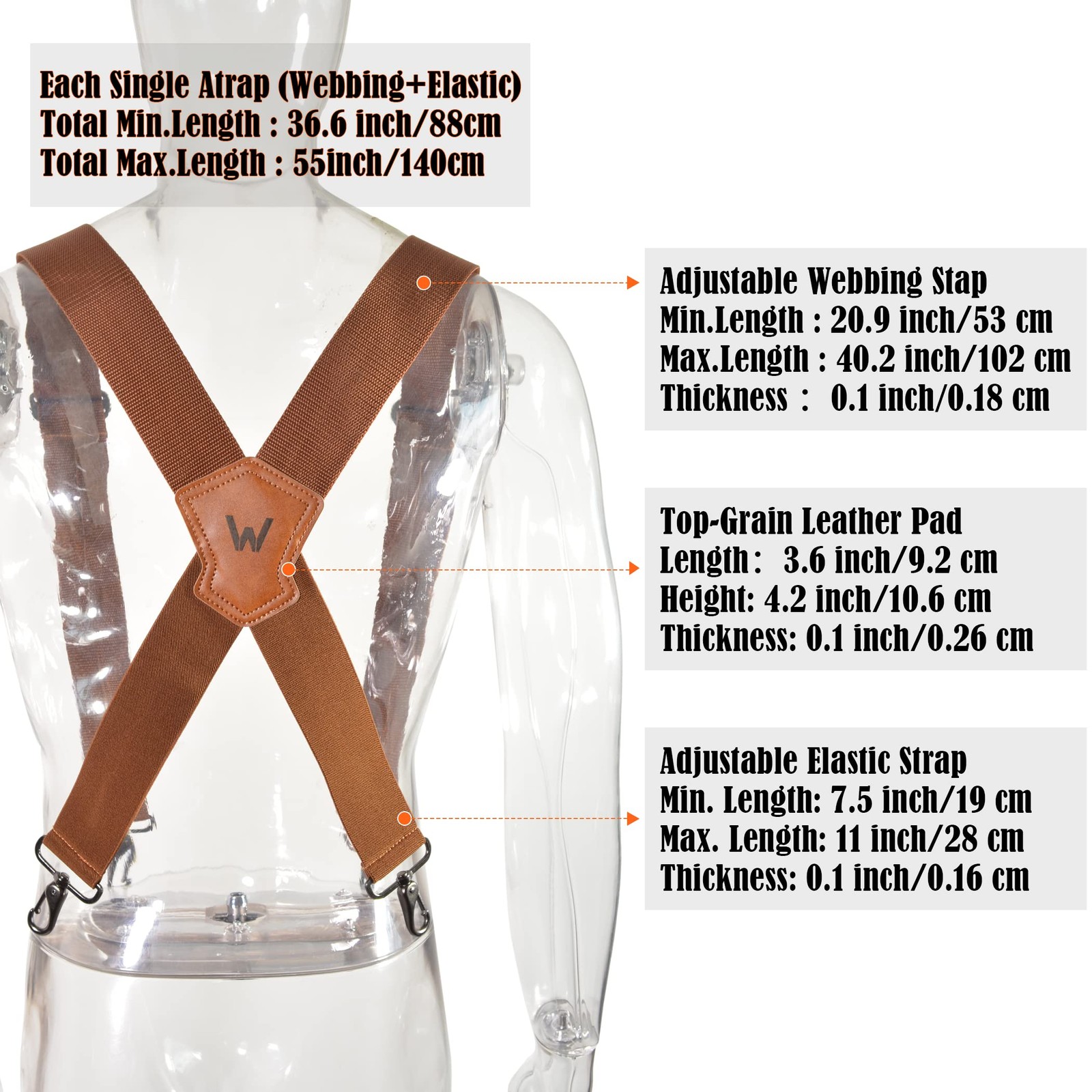 WELKINLAND Brown 2 inch 2″ Wide Strap For Body Size Up To 6.4 Feet,