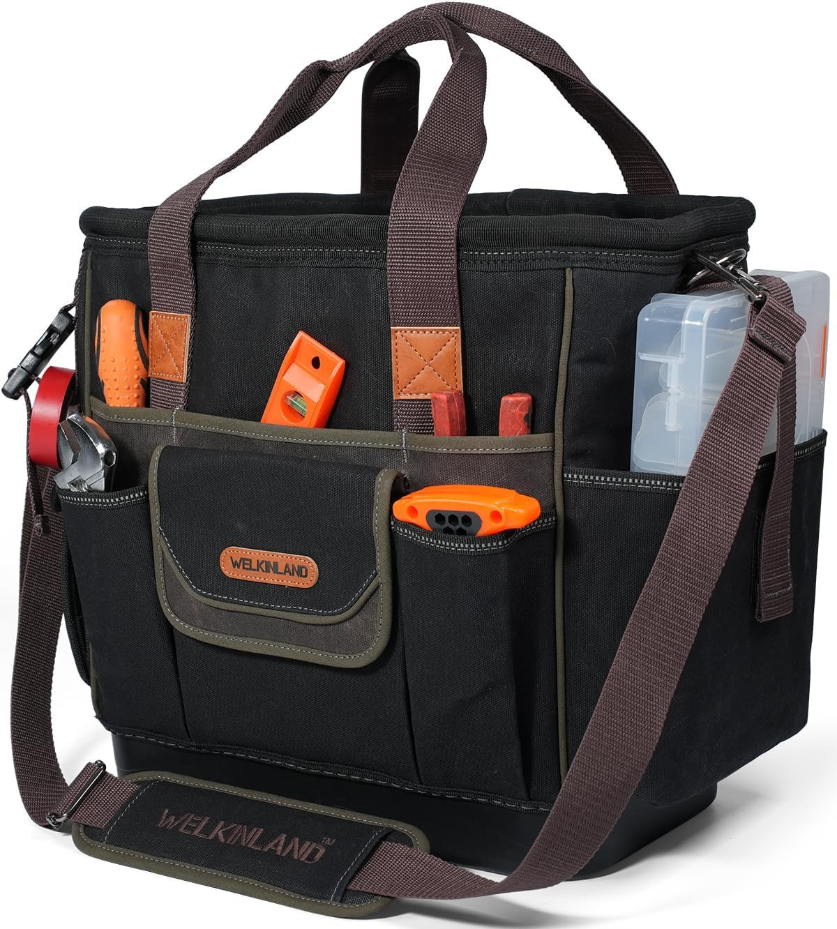 WELKINLAND 50-Pocket Electrician Tool Tote, Large Hard Bottom Tool Bag, Waxed-Ca