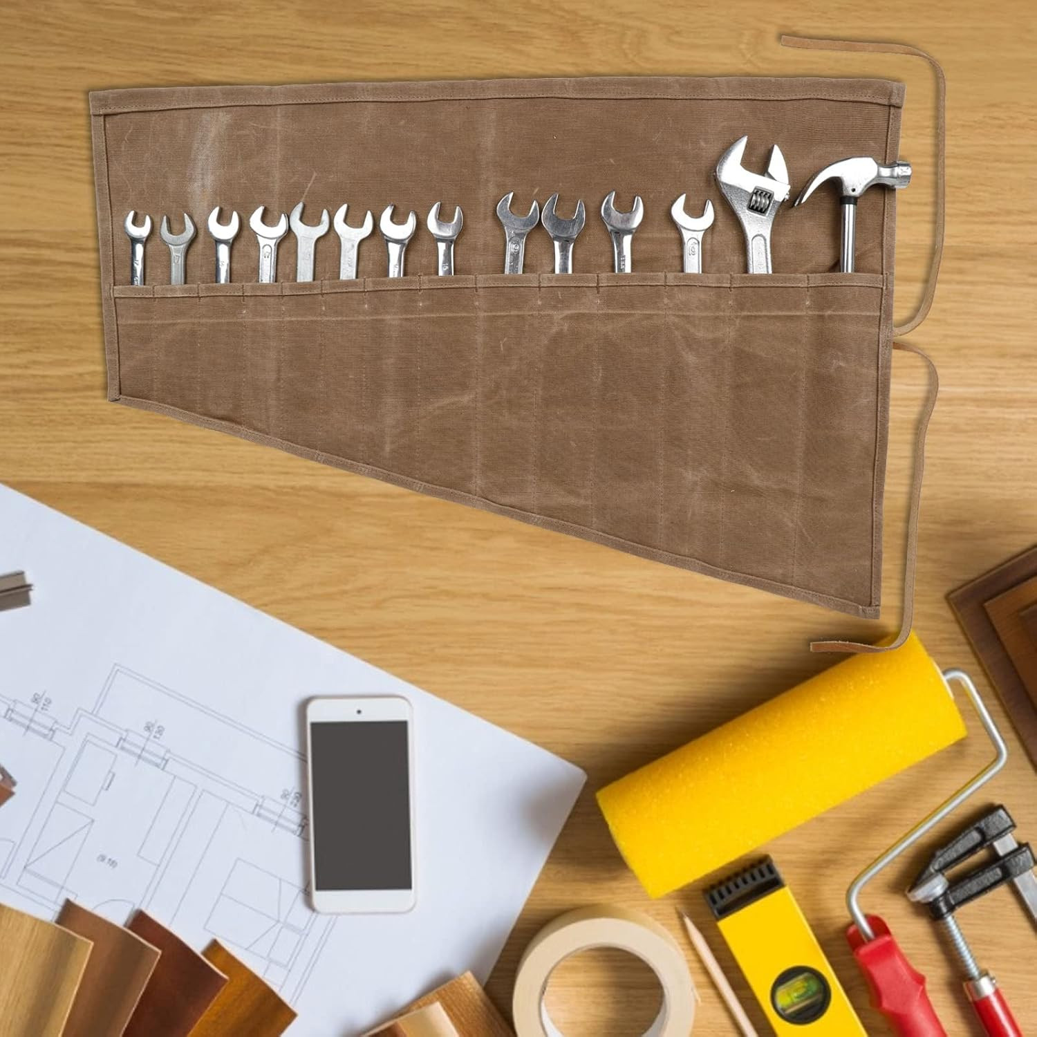 Super Tool Roll Organizer & Pouch – 14-Pocket Wrench Holder Bag for Handyman, Pl