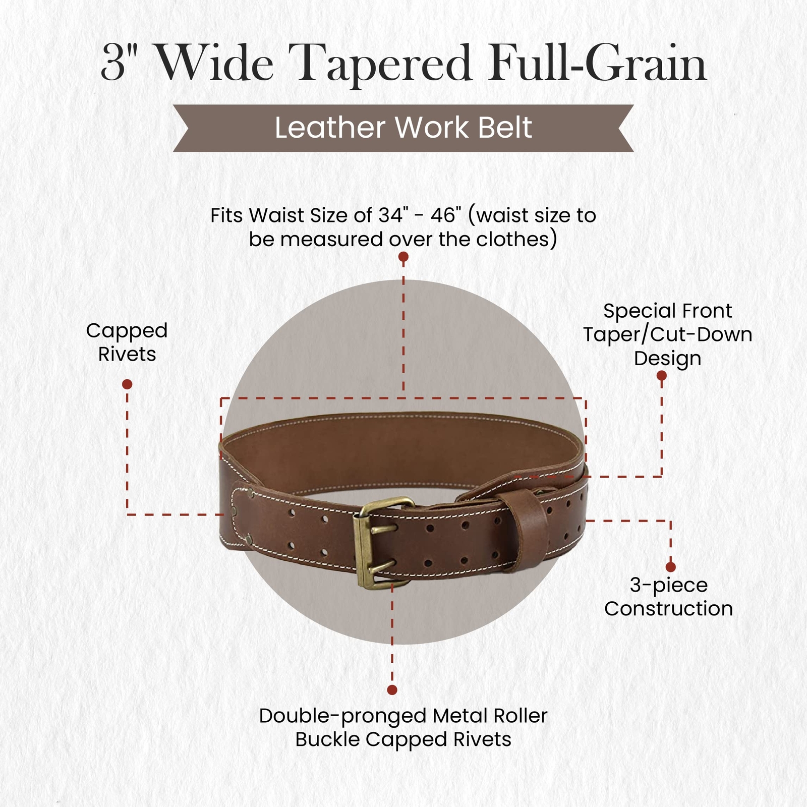 3 inch Wide Tapered Full-Grain Leather Work Belt Dark Tan #98437 Heavy Duty