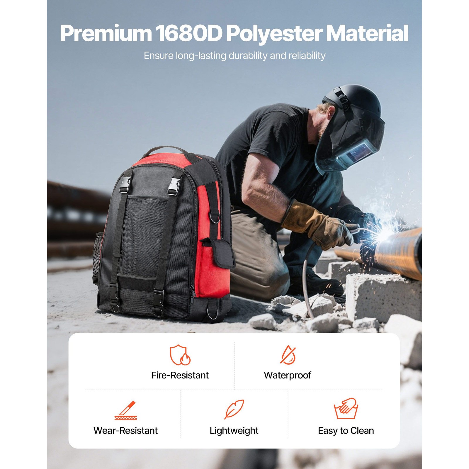 25.2L Welder Backpack, 1680D Polyester, 50lb Load, Helmet & Tool Storage