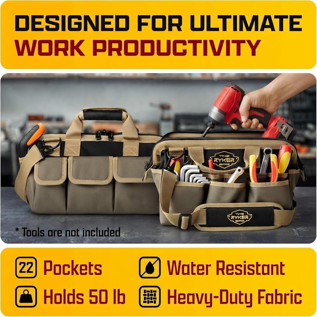 Ryker 14’’ Heavy Duty Tool Bag. Tool Box Organizer for Electrician & Plumber