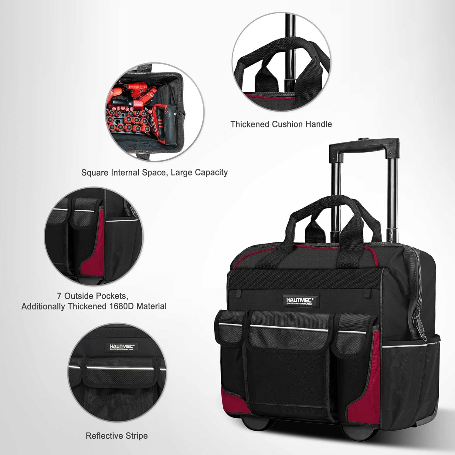 14.5″ Rolling Tool Bag with Wheels, 25-Pocket Portable Tool Box Organizer with 6
