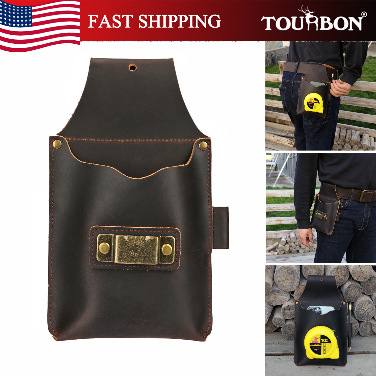 TOURBON Leather Tool Belt Pouch Tape measure Holder Workshop Tools Carrier in US