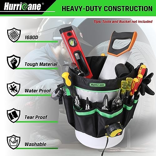 5 Gallon Bucket Tool Bag Organizer, Garden Tool Caddy with 52 Pockets,