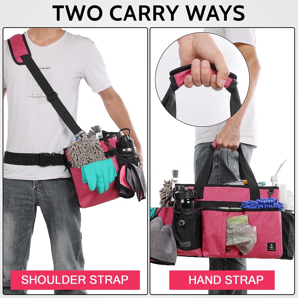 Timoxi Large Cleaning Caddy Bag Built-in Sturdy Support Board, Rose Red