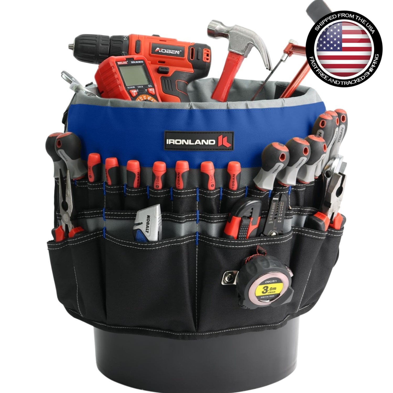 Bucket Tool Organizer 51 Pockets Fits 3.5-5 Gallon Buckets Polyester Blue Black