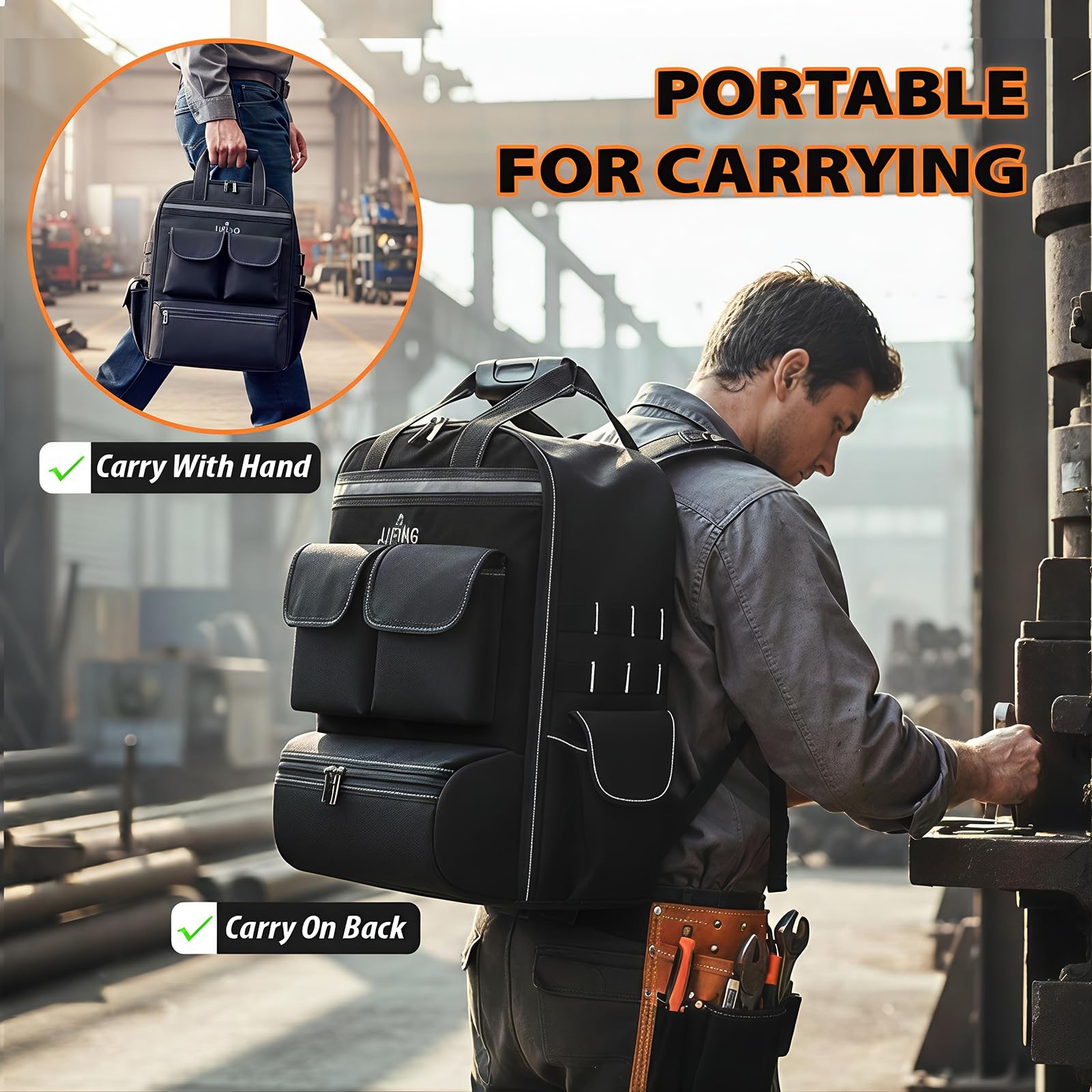 Tool Bag Backpack 18 Pockets Heavy Duty Storage Organizer Black Padded HVAC