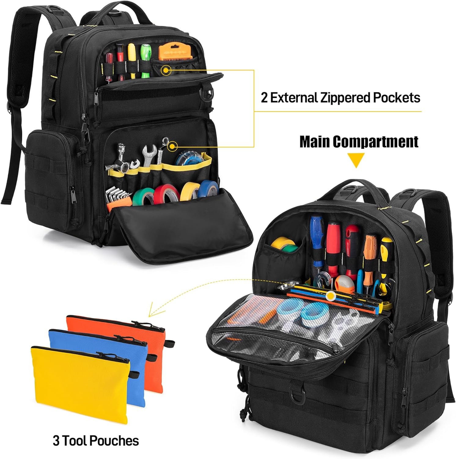 Tool Bag Backpack for Men with 3 Tool Pouches, Heavy-Duty Tool Storage Organizer