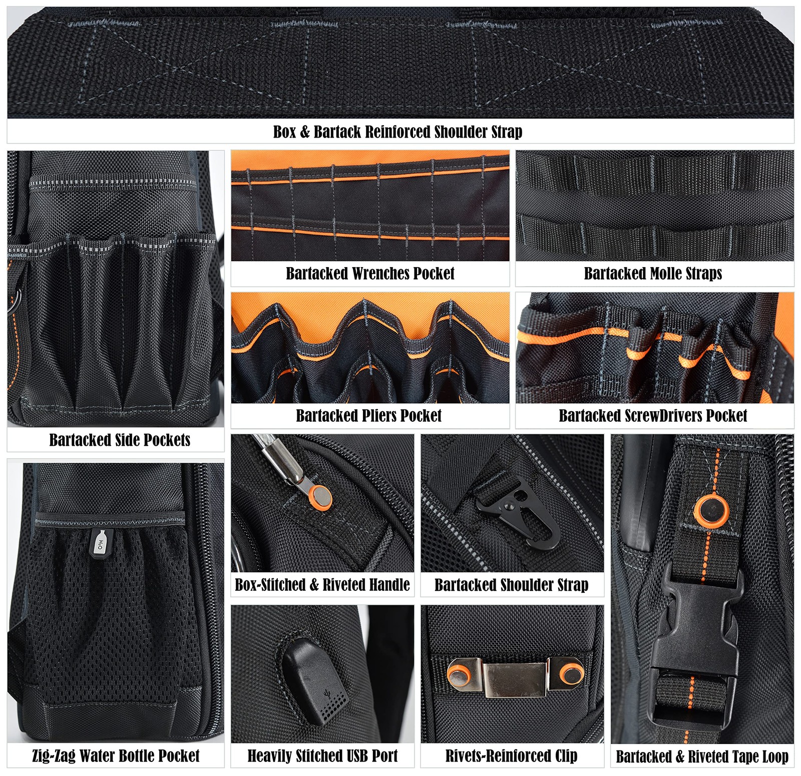66-Pockets Tool Bag, Heavy-Duty Jobsite back pack for electricians construction