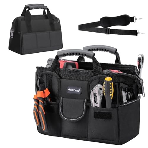 Heavy Duty Tool Bag with Multi-Pockets, Portable Tool 12″ Standard Base Black