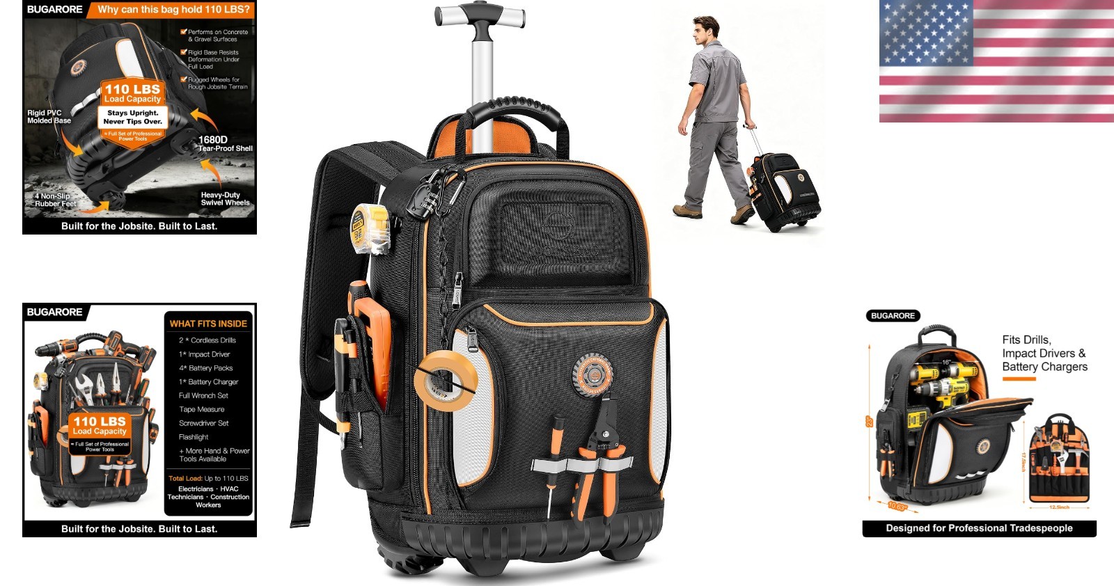 75 Pocket 16″ Waterproof Tool Backpack with Combination Lock for Professionals