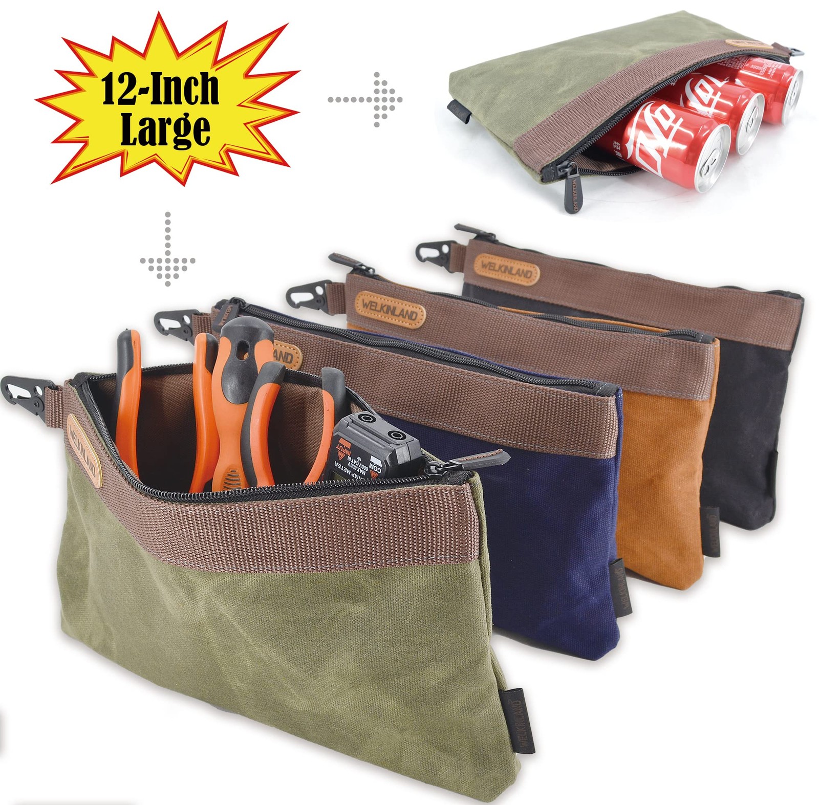 WELKINLAND Heavy-Duty Canvas Tool Pouch 12-Inch Large, Black/Olive/Navy/Brown