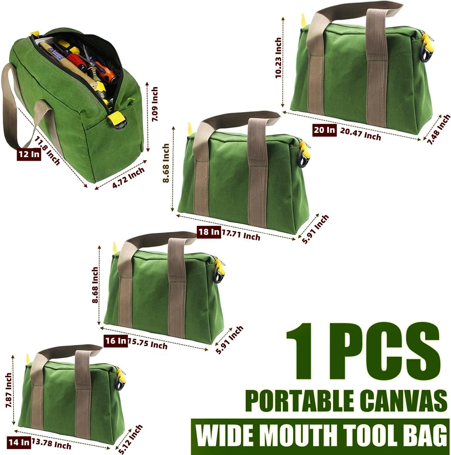 12 Inch Wide Mouth Tool Bag, Heavy Duty Canvas Tool Storage Bag, Large Capacity