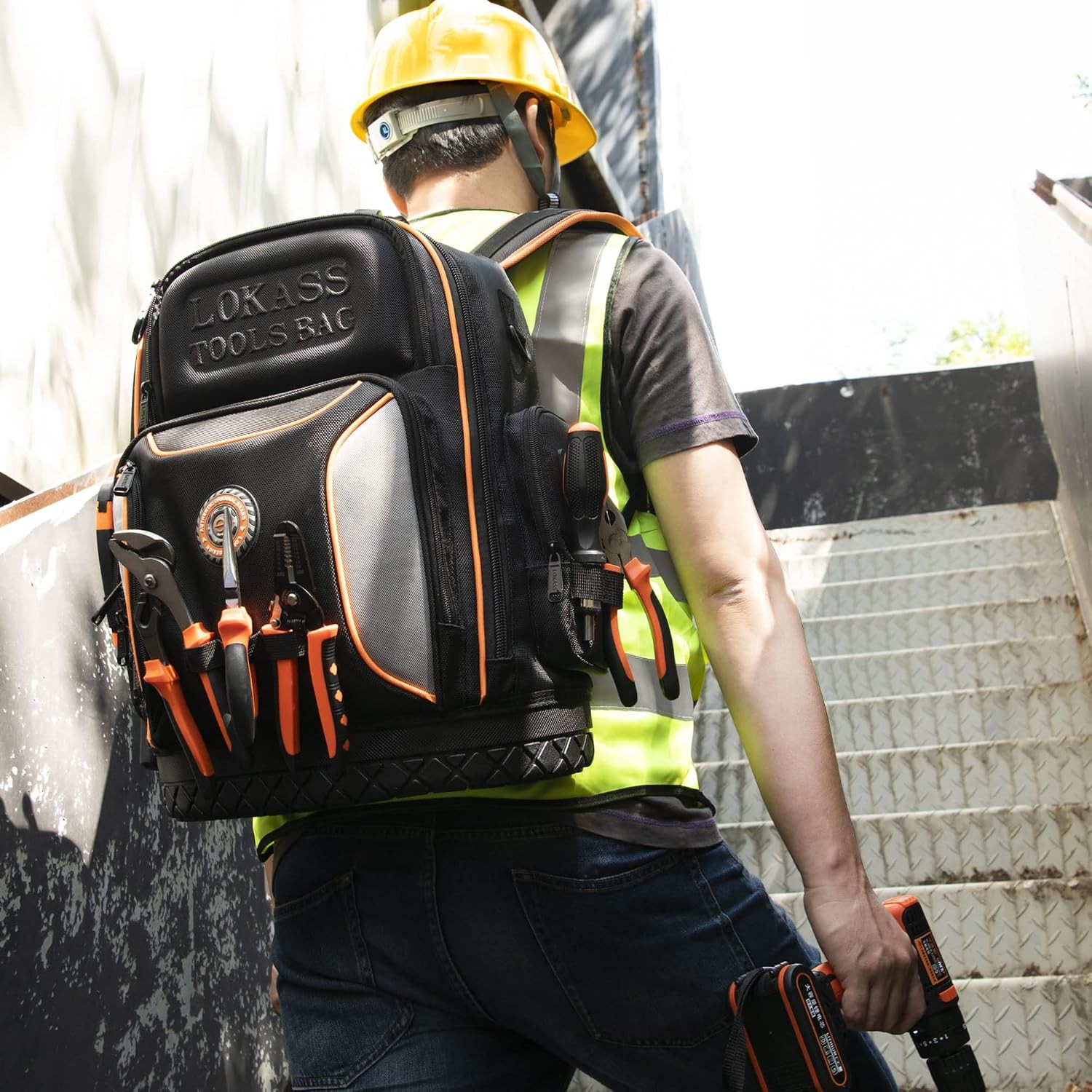 18.1 Inch Tool Backpack,75 Pockets & Loops Heavy-Duty 1680D Molded Base Tool Bag