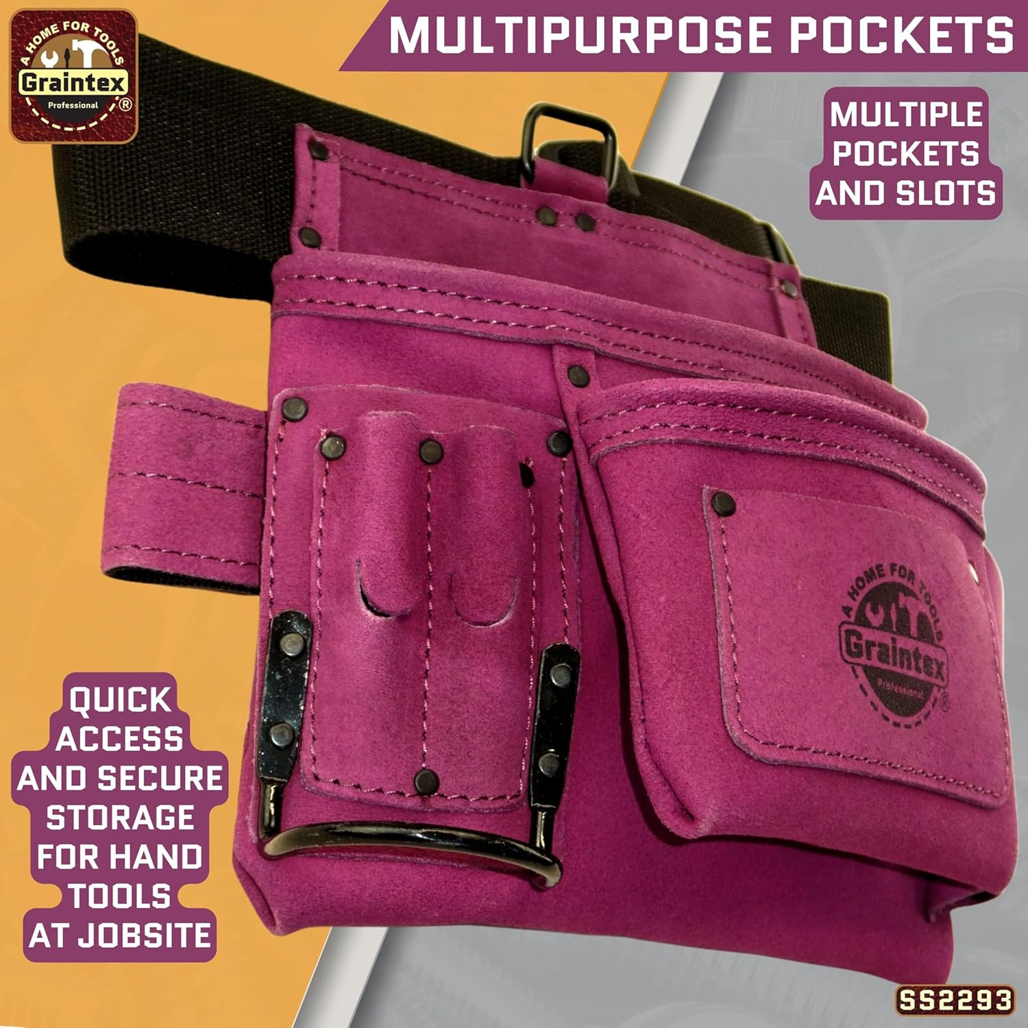 5 Pocket Suede Leather Tool Belt/Bag | Purple | Multipurpose Leather Tool Belt f