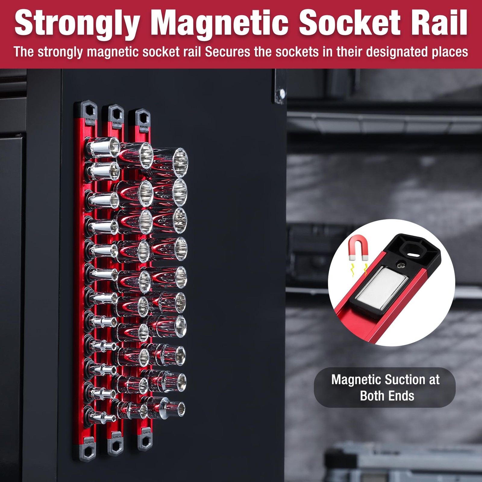 WORKPRO Magnetic Socket Organizer, 3/8-Inch Drive Aluminum Alloy 3/8″ DR, Red