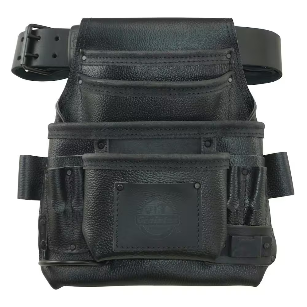 10-Pocket Black Rugged Top Grain Leather Tool Pouch with 2 In. Belt
