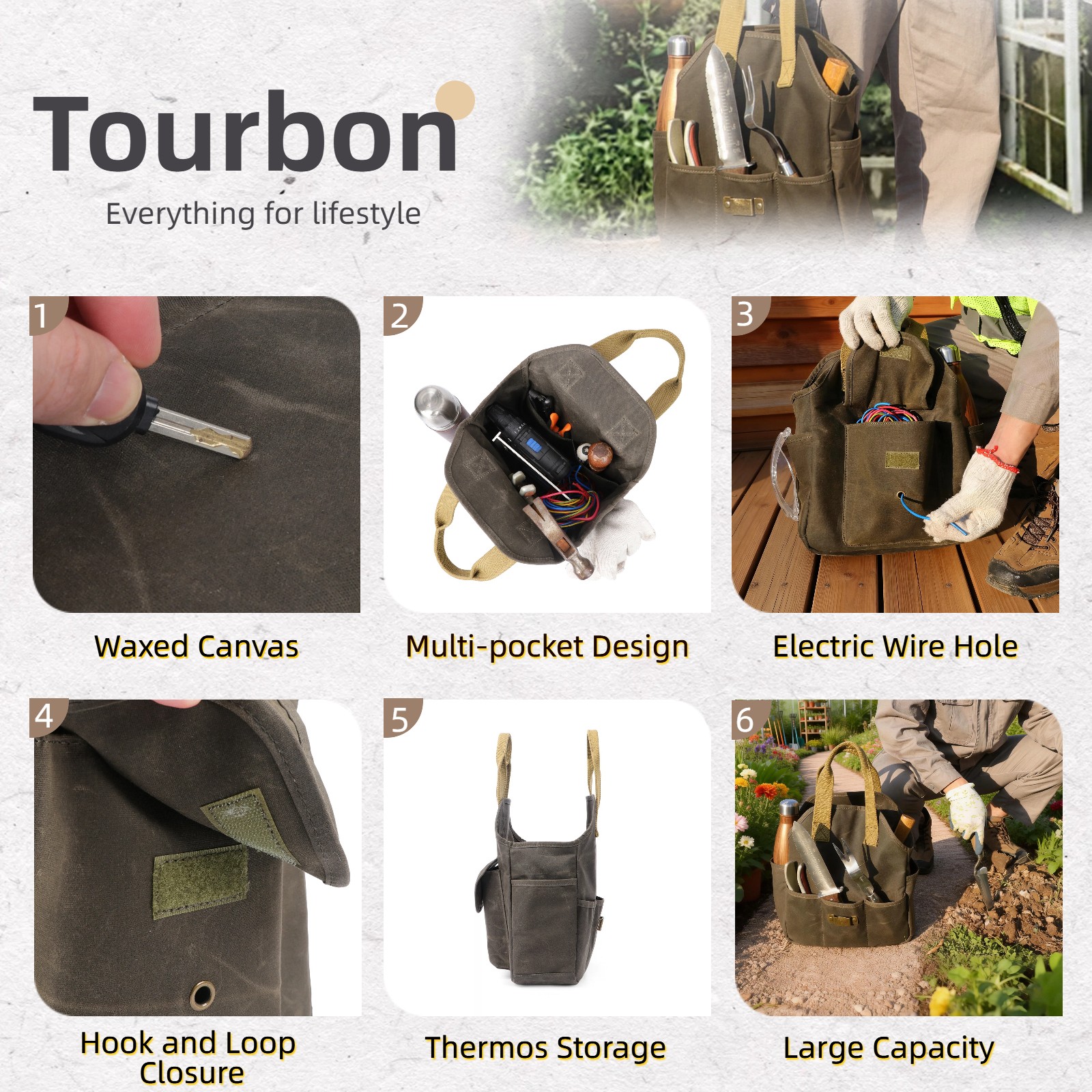 Tourbon Sturdy Canvas Garden Tool Tote Bag Farmer DIY Utility Storage Organizer