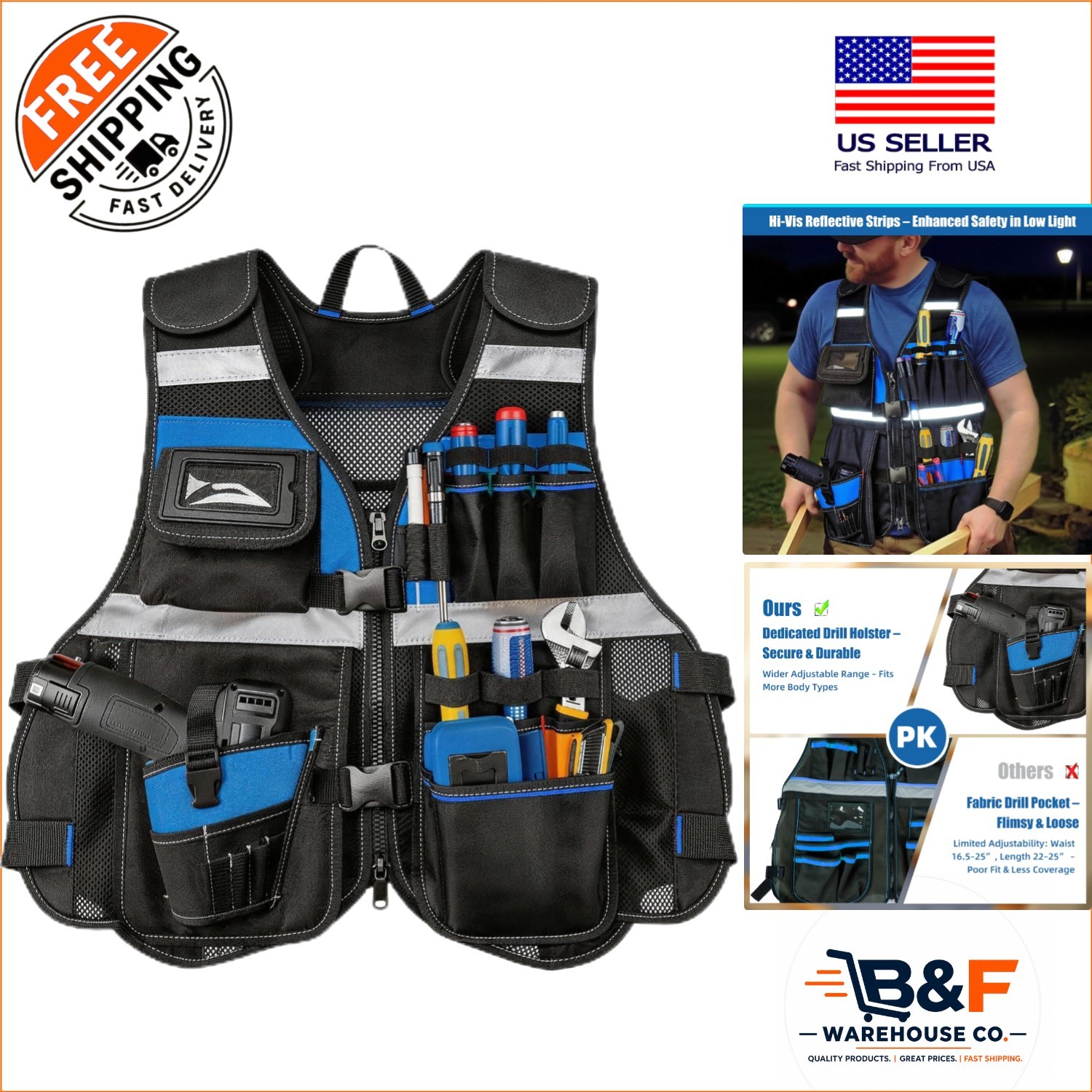 Heavy-Duty Electrician Tool Vest with Molded Holster & 16 Storage Spaces – Blue