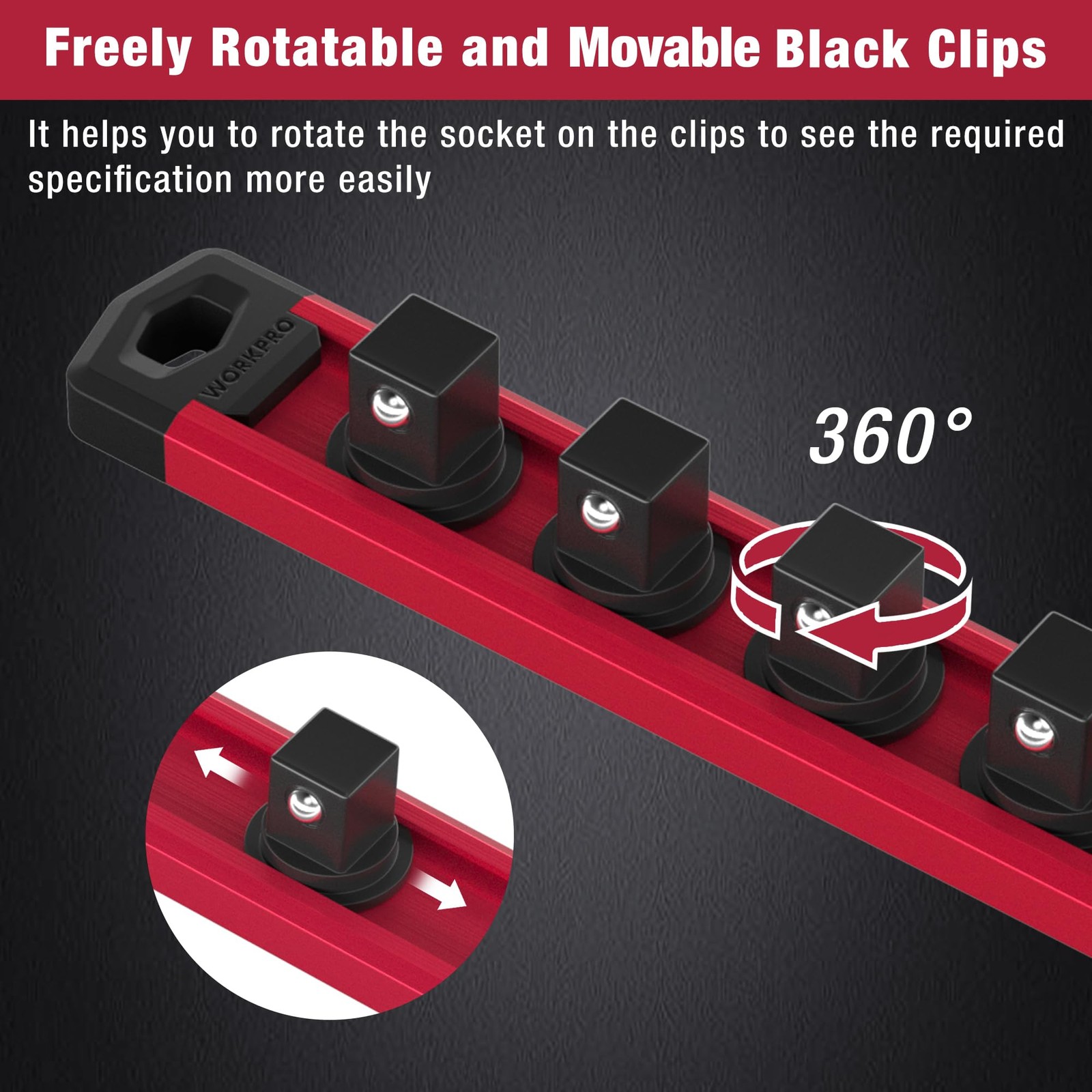 WORKPRO Magnetic Socket Organizer, 1/4-Inch Drive Aluminum Alloy 1/4″ Dr, Red