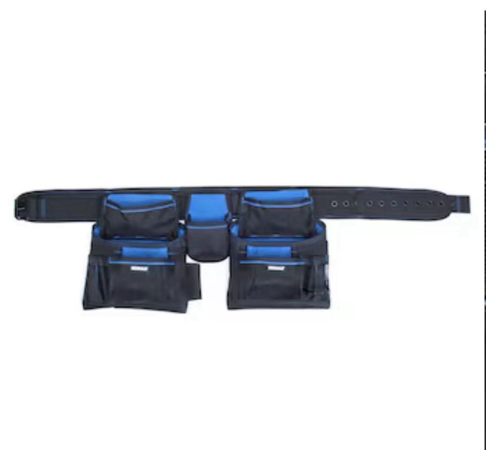Kobalt Carpenter Polyester Tool Belt 16 Pockets Metal Hammer Holder Black/Blue