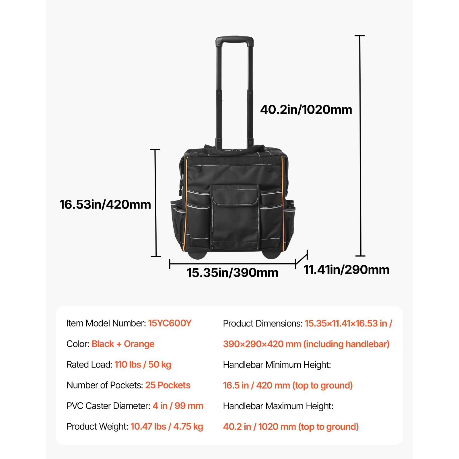 Rolling Tool Bag w/ Wheels, 110 lbs Load Capacity, 25 Pockets for Heavy Duty Use